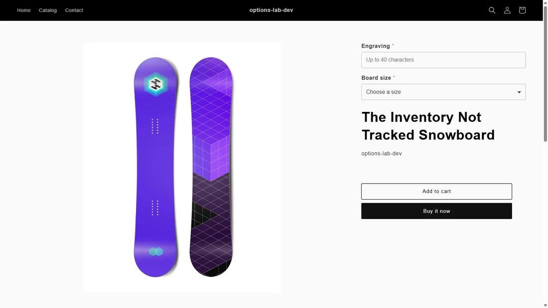 A product page showing an Engraving text field and a Size dropdown added by the app